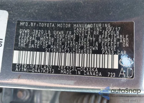 2018 Toyota Corolla Xse from USA, damaged, VIN 2T1BURHE3JC986598
